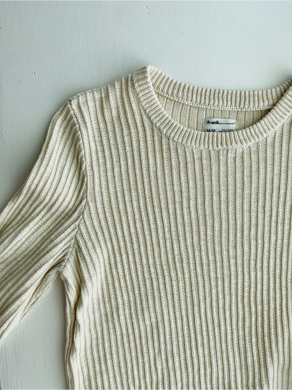 Frank & Oak 100% Cotton Cream Ribbed Crew Sweater